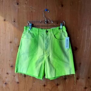 BDG Longline Carpenter Neon Green Cotton High Rise Raw Hem Shorts